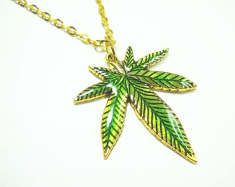 Marijuana Cannabis Leaf Pendant, Antique Gold Tone with Green Color, Men's Necklace, Women's Necklace, Antique Gold Tone Flat Link Chain