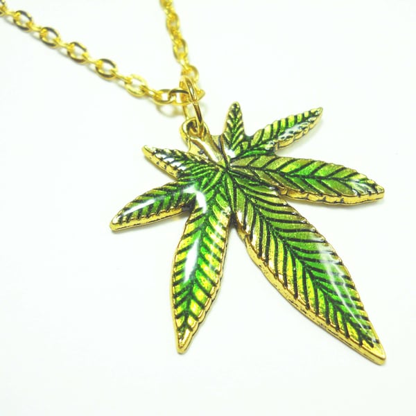 Marijuana Cannabis Leaf Pendant, Antique Gold Tone with Green Color, Men's Necklace, Women's Necklace, Antique Gold Tone Flat Link Chain