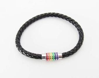 Leather Braided Rainbow Magnetic Clasp Bracelet, Pride Bracelet, Men's Bracelet, LGBT Jewelry, Women's Bracelet