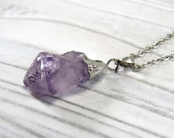 Natural Raw Amethyst Nugget Necklace, Amethyst Crystal Pendant, Chakra Necklace, Healing Crystal, Quartz Gemstone, Women's Necklace