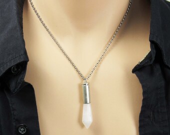 Natural Quartz Pointed Pendant Necklace, Men's Necklace, Quartz Crystal Pendant, Healing Crystal, Quartz Frosted Gemstone, Women's Necklace