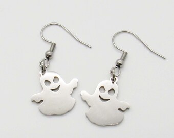 Stainless Steel Ghost Charm Earrings, Hypo Allergenic Jewelry, Woman's Halloween Earrings, Ghost Charm Halloween Earrings