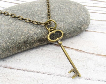Antique Bronze Small Key Pendant, Men's Necklace, Women's Necklace, Antique Bronze Key Charm, Women's Jewelry, Vintage Bronze Key Necklace