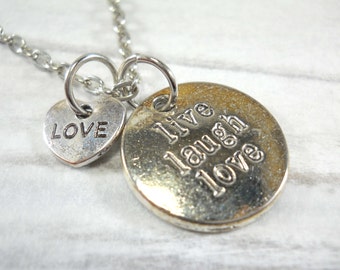 Live Laugh Love & Heart Charm's Necklace, Silver Tone, Women's Necklace, Antique Silver Tone Chain, Faux Leather Cord, Suede Leather Cord
