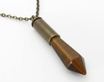 Tiger's Eye Natural Pointed Pendant Necklace, Men's Necklace, Tiger's Eye Gemstone Pendant, Healing Gemstone, Women's Necklace