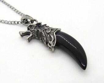 Black Agate Gemstone Wolf Head Tooth Pendant Necklace, Animal Pendant Necklace, Onyx Gemstone Necklace, Men's Necklace, Women's Necklace