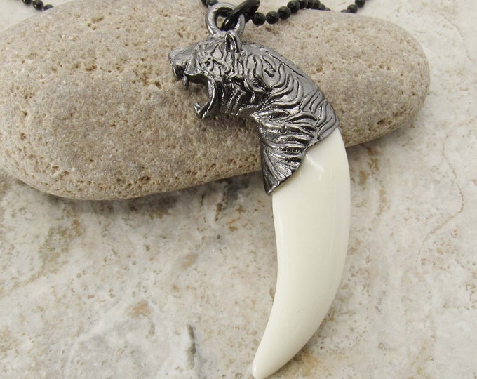 Featured listing image: Gunmetal Tiger Head Resin Tooth Pendant Necklace, Animal Necklace, Men's Necklace, Tiger Tooth Pendant, Men's Jewelry, Women's Necklace