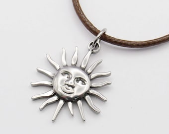 Stainless Steel Sun Burst With Face Pendant Corded Necklace, Men's Necklace, 304 Stainless Steel Hypo Allergenic Jewelry, Woman's Necklace