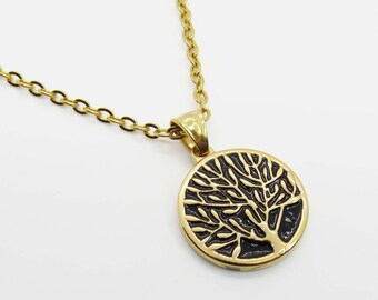 Stainless Steel Round Tree Pendant Necklace, Hypo Allergenic Jewelry, Antique Gold Tree Pendant Men's Necklace, Woman's Necklace