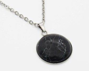 Black Turquoise Round Gemstone Pendant, Black Turquoise Synthetic Gemstone Necklace, Men's Necklace, Women's Necklace, Turquoise Pendant
