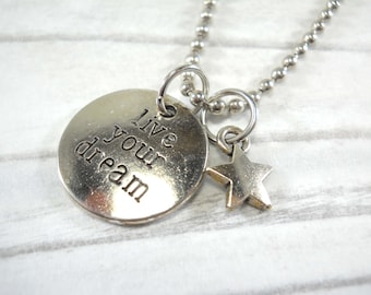 Live Your Dream & Small Star Charm Necklace, Men's or Women's Necklace, Antique Silver Tone Chain, Faux Leather Cord, Suede Leather Cord