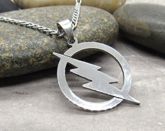 Stainless Steel Lightning Bolt in Ring Pendant, Hypo Allergenic Jewelry, Men's Necklace, Celestial Jewelry,
