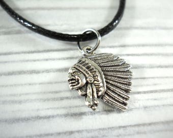 Indian Chief Pendant, Antique Silver Tone, Native Necklace, Tribal Jewelry, Men's Necklace, Women's Necklace
