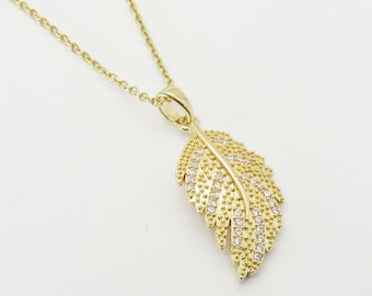 Stainless Steel Gold Plated Feather Pendant with Clear Rhinestones, Gold Link Chain with Extension, Women's Necklace, Nature Pendant Jewelry