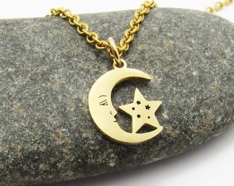 Crescent Moon Star Celestial Charm Pendant, Gold Stainless Steel Hypo Allergenic Jewelry, Men's Necklace, Men's Jewelry, Woman Necklace