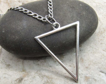 Antique Silver Tone Triangle Pendant, Geometric Design Necklace, Open Triangle Pendant, Men's Necklace, Men's Jewelry, Women's Necklace