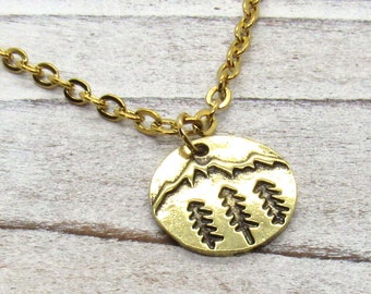 Mountain and Trees Round Tag Pendant Necklace, Gold Tone, Nature Pendant, Men's Necklace, Men's Jewelry, Women's Necklace