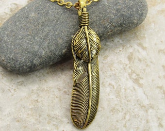 Large Antique Gold Feather Pendant Necklace, Feather Pendant Jewelry, Men's Necklace, Woman's Necklace, Necklace for Men