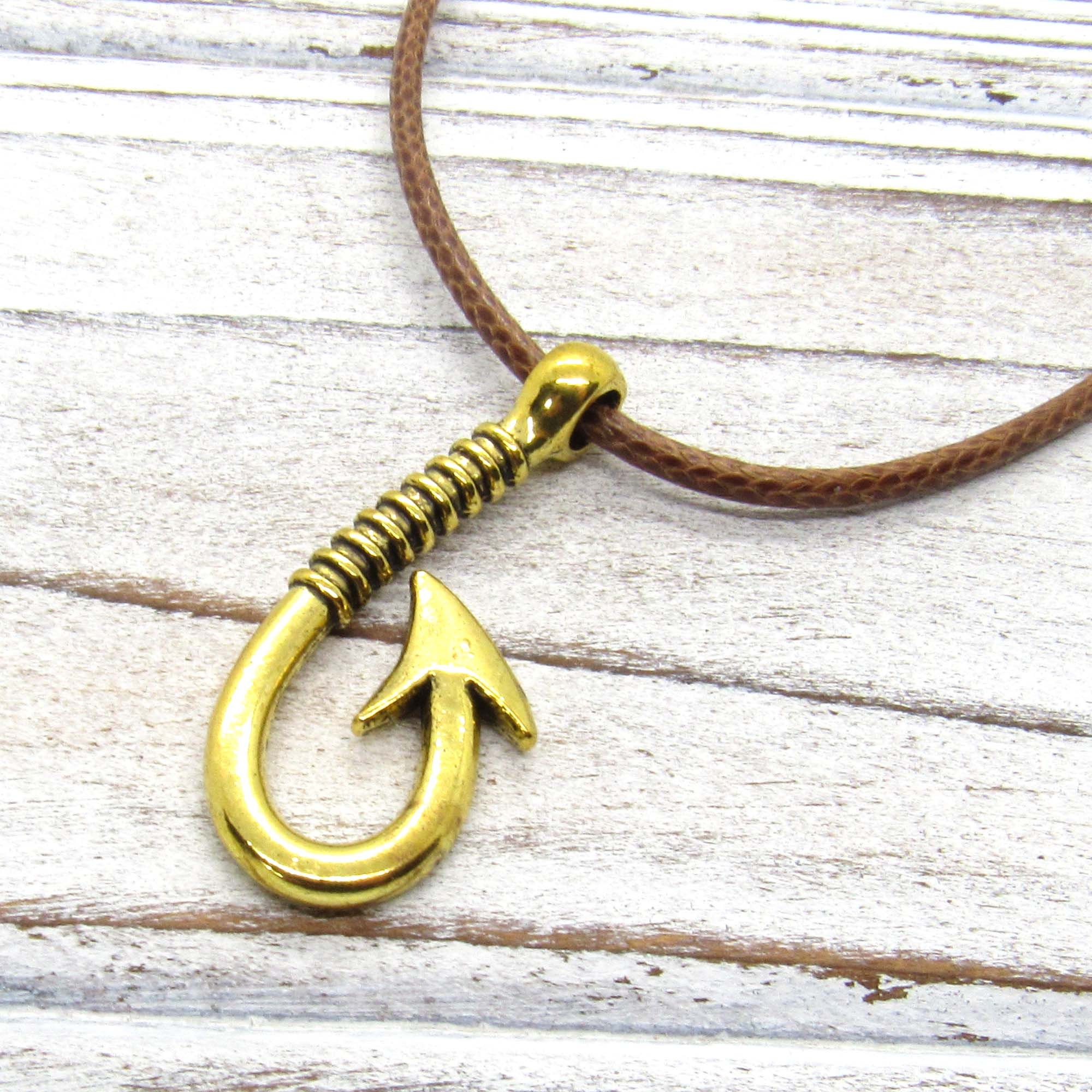 Antique Gold Tone Fish Hook Pendant Necklace, Fish Hook Charm Necklace, Fisher Jewelry, Gift for Men, Men's Jewelry, Women's Jewelry