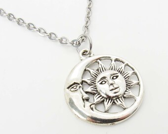 Celestial Sun Moon Pendant Necklace, Sun Crescent Moon Pendant, Celestial Necklace, Necklace for Women, Woman's Necklace, Men's Necklace
