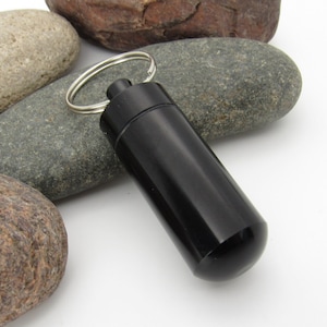 Black Aluminum Column Pill Bottle Key Ring, Pill Bottle Key Ring, Water Tight Screw Top Container, Camping Supply, Stash Container