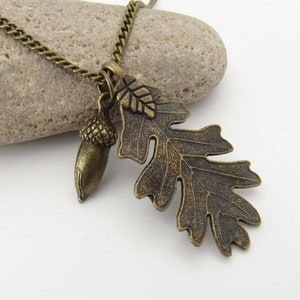 Dark Antique Bronze Oak Leaf with Acorn Pendant, Autumn Leaf Necklace, Men&#39;s Necklace, Women&#39;s Necklace, Nature Necklace, Seasonal Jewelry