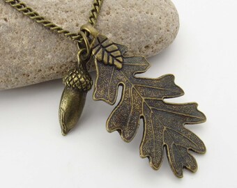 Dark Antique Bronze Oak Leaf with Acorn Pendant, Autumn Leaf Necklace, Men's Necklace, Women's Necklace, Nature Necklace, Seasonal Jewelry