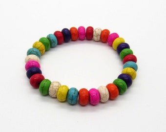 Howlite Gemstone Mixed Color Bead Bracelet, Men's Bracelet, Mixed Color Synthetic Howlite Flat Round Beaded Bracelet, Women's Bracelet