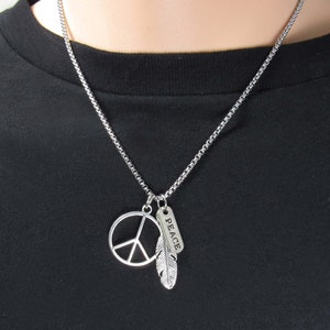 Peace Sign Feather Peace Tag Pendant Necklace, Peace Sign Group, Men&#39;s Necklace, Women&#39;s Necklace, Peace Symbol Feather Peace Tag Pendant