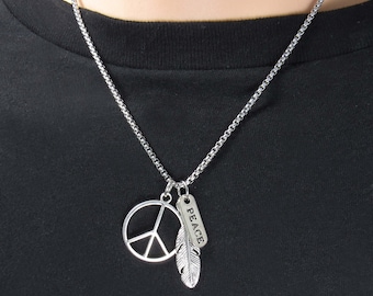 Peace Sign Feather Peace Tag Pendant Necklace, Peace Sign Group, Men's Necklace, Women's Necklace, Peace Symbol Feather Peace Tag Pendant