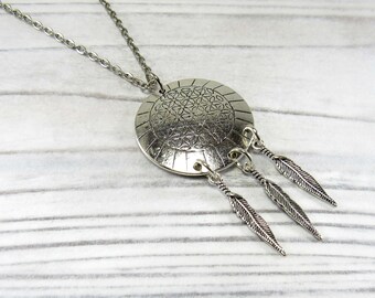 Flower of Life Dream Catcher Pendant Necklace, Antique Silver Feathers, Native American Pendant, Boho Jewelry, Woman's Necklace