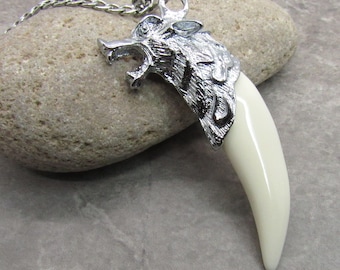 Silver Color Wolf Head Resin Tooth Pendant Necklace, Men's Wolf Head Pendant Necklace, Women's Necklace, Animal Jewelry,