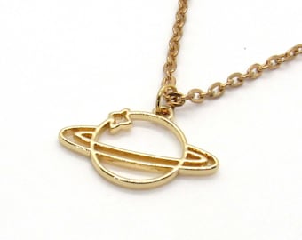 Gold Tone Galaxy Planet Pendant, Celestial Jewelry, Saturn Planet with star Pendant, Men's Necklace, Woman's Necklace, Solar System Planet
