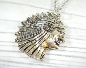 Large Indian Chief Pendant Necklace, Indian Chief Pendant, Indian Jewelry, Tribal Necklace, Tribal Pendant, Men's Necklace, Women's Necklace