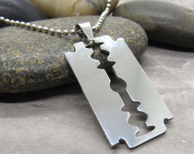 Featured listing image: Stainless Steel Razor Blade Pendant, Hypo Allergenic Jewelry, Razor Blade Jewelry, Men's Necklace, Men's Jewelry, Woman Necklace