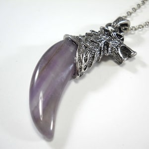 Wolf Head Amethyst Tooth Pendant Necklace, Wolf Head Necklace, Animal Necklace, Amethyst Necklace, Necklace for Men, Women&#39;s Necklace