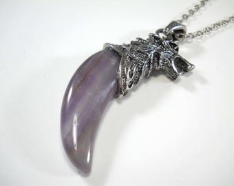 Wolf Head Amethyst Tooth Pendant Necklace, Wolf Head Necklace, Animal Necklace, Amethyst Necklace, Necklace for Men, Women's Necklace