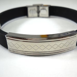 Black Silicone and 304 Stainless Steel Rhombus Pattern 8 1/2&quot; Men&#39;s Bracelet, Gift for Men, Fashion Bracelet, Men&#39;s Jewelry