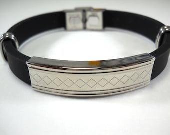Black Silicone and 304 Stainless Steel Rhombus Pattern 8 1/2" Men's Bracelet, Gift for Men, Fashion Bracelet, Men's Jewelry