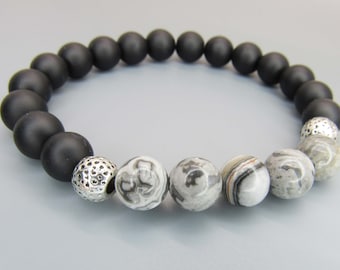 Natural Gemstone Black Frosted Picasso Jasper Beads Bracelet, Men's Bracelet, 8mm Beaded Bracelet Silver Beads, Women's Bracelet