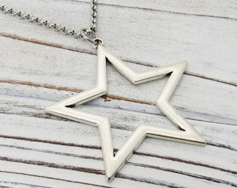 Large Antique Silver Star Pendant Necklace, Celestial Charm Necklace, Men's Necklace, Celestial Jewelry, Gift for Men, Women's Necklace