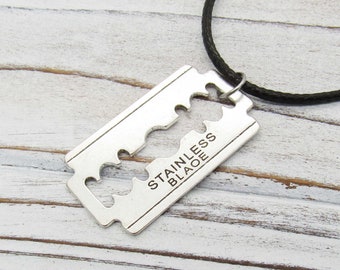 Antique Silver Razor Blade Pendant Corded Necklace, Punk Necklace, Urban Street Jewelry, Necklace for Men, Men's Necklace, Women's Necklace