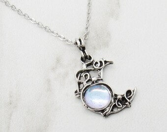 Antique Silver Color Half Moon with Moonstone Charm, Alloy Chain with Extension, Women's Necklace, Gift for Women, Boho Pendant Necklace