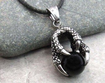Stainless Steel Eagle Claw Pendant, Men's Corded Necklace, Hypo Allergenic Jewelry, Black Rhinestone Bead, Men's Jewelry, Woman Necklace