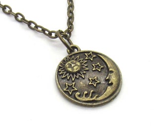 Antique Bronze Sun Moon Stars Pendant Necklace, Celestial Charm Necklace, Men's Necklace, Necklace for Women, Woman's Necklace