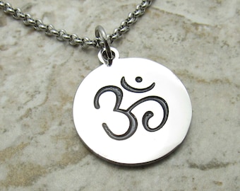 Stainless Steel Etched Om Mantra Charm Pendant Necklace, Men's Necklace, Hypo Allergenic Jewelry, Woman's Necklace, Meditation Pendant