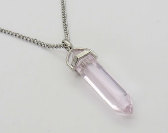 Pink Colored Glass Bullet Cut Pendant, Woman's Necklace, Jewelry for Women, Faceted Colored Glass Jewelry, Men's Necklace