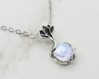 Antique Silver Color Flower with Opalite Drop Charm, Alloy Chain with Extension, Women's Necklace, Gift for Women, Boho  Pendant Necklace