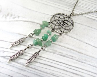 Dream Catcher Pendant, Mint Green Beads, Antique Silver Feathers, Native American Pendant, Southwest Necklace, Boho Jewelry, Men's Necklace
