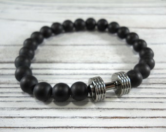 Barbell Charm Black Frosted 8mm Bead Bracelet, Gunmetal Silver Tone Barbell, Men's Bracelet, Men's Jewelry, Men's Gift, Women's Bracelet